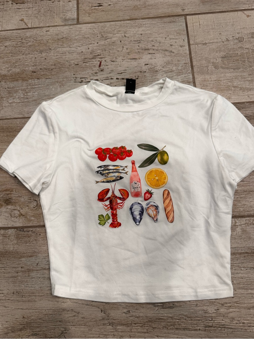 SHEIN White Crop Tee with Colorful Food & Seafood Print